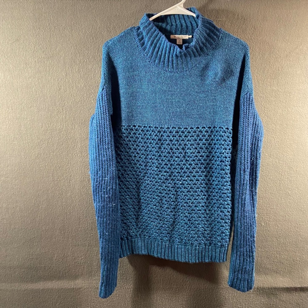 Toad&Co women merino wool Sweater small blue Pointelle crochet outdoor hiking